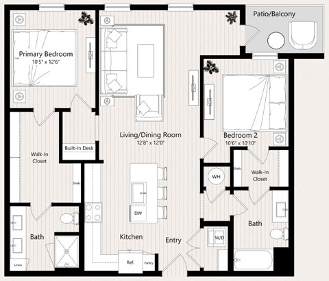 Floor plan for 2 beds, 2 baths, 1136 sqft